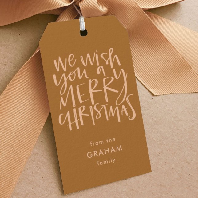 "Wünschen Sie ein frohes Weihnachtsfest" Golden Br Geschenkanhänger (We Wish You A Merry Christmas hand lettered carol golden brown holiday gift tag.)