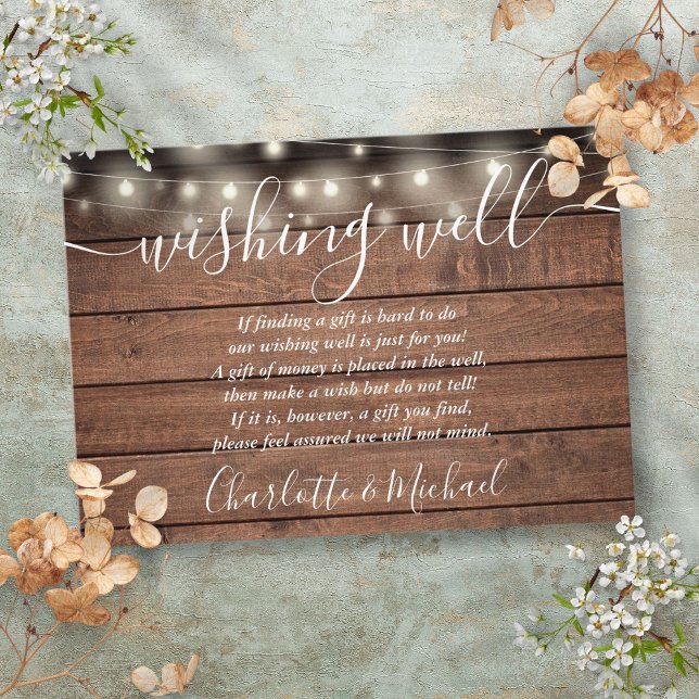 Wünschenswert Rustikale Holzsaitenlichter Hochzeit Begleitkarte (Wishing Well Rustic Wood String Lights Wedding Enclosure Card)