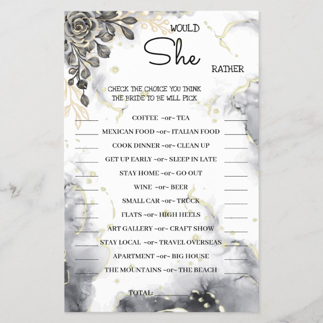 Würde sie eher Black Rose BridalShower Game Card Flyer (Vorne)