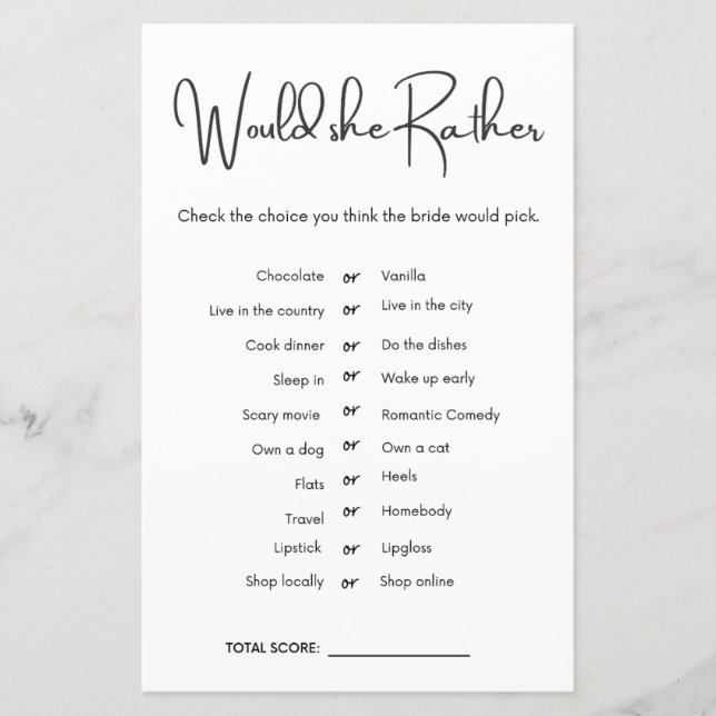 Würde sie eher Brautparty Game (Vorderseite)