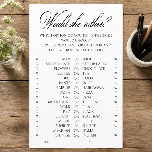 Würde sie eher Brautparty-Spiel  (Would She Rather Bridal Shower Game)