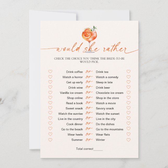 Würde sie eher Cocktail Brautparty-Spiel  Einladung (Vorderseite)