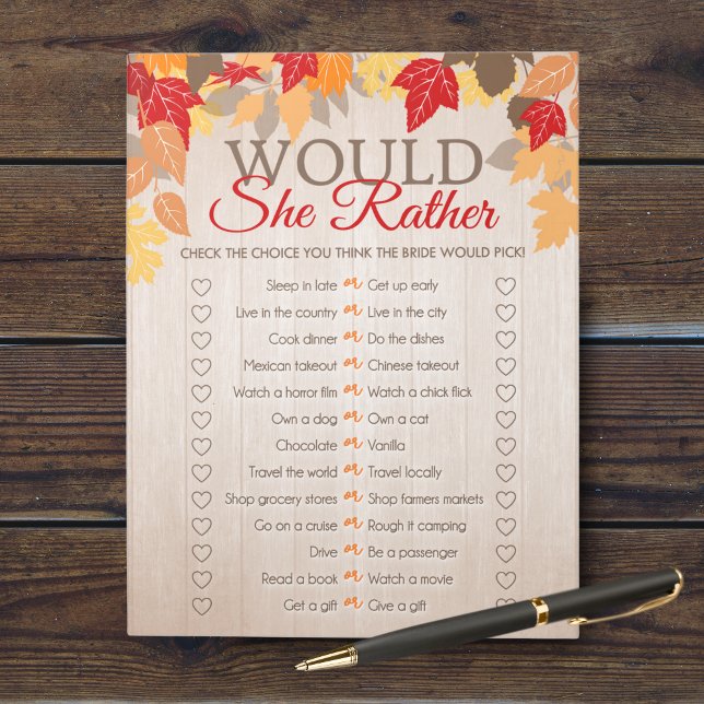 Würde sie eher Fall Brautparty Game Pack Notizblock (Would She Rather Bridal Shower Party Game. Comes in a pack of 40 easy tear away games!)