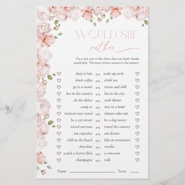 Würde sie eher Florales Rosa Brautparty-Spiel (Vorderseite)