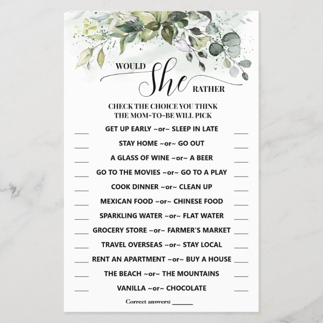 Würde sie eher Greenerenery Baby Shower Game Card Flyer (Vorne)