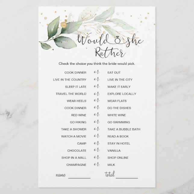 Würde sie eher Greenery Brautparty Game (Vorderseite)