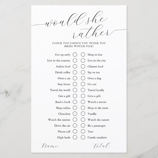Würde sie eher Kalligrafie-Brautparty-Spiel (Vorderseite)