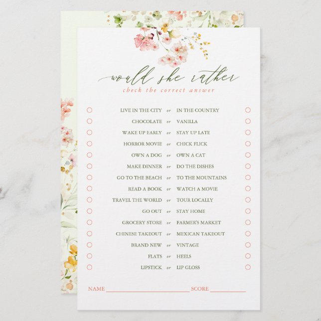 Würde sie eher Niedliche Wildblumen Bridal Game (Vorne/Hinten)