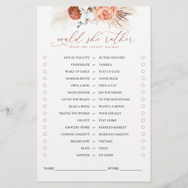 Würde sie eher Terracotta Floral Bridal Game (Vorderseite)