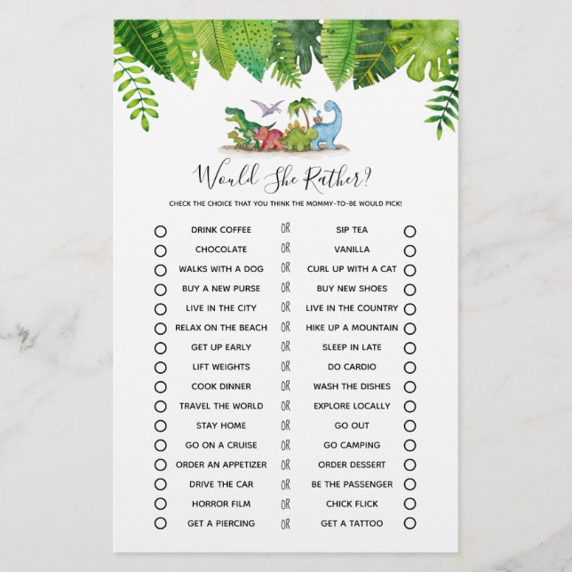 Würde sie lieber Dinosaur Baby Duschspiel (Vorderseite)