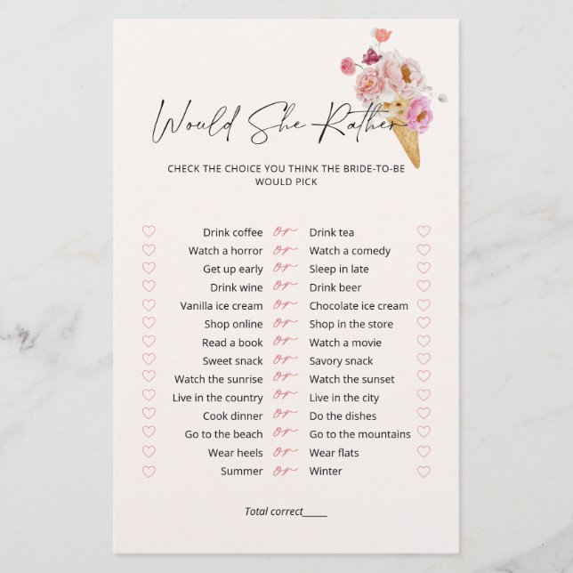 Würde sie lieber Eiscreme-Brautparty-Spiel (Vorderseite)