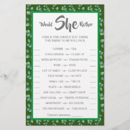 Würde sie lieber Eucalyptus BridalShower Game Card Flyer