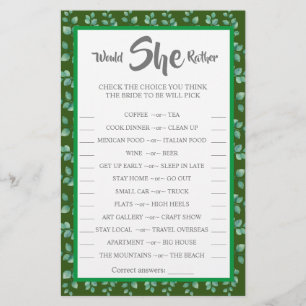 Würde sie lieber Eucalyptus BridalShower Game Card Flyer
