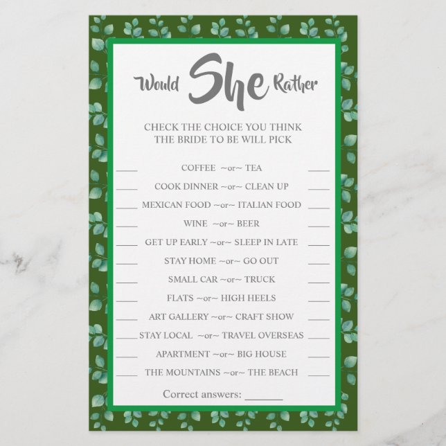 Würde sie lieber Eucalyptus BridalShower Game Card Flyer (Vorne)