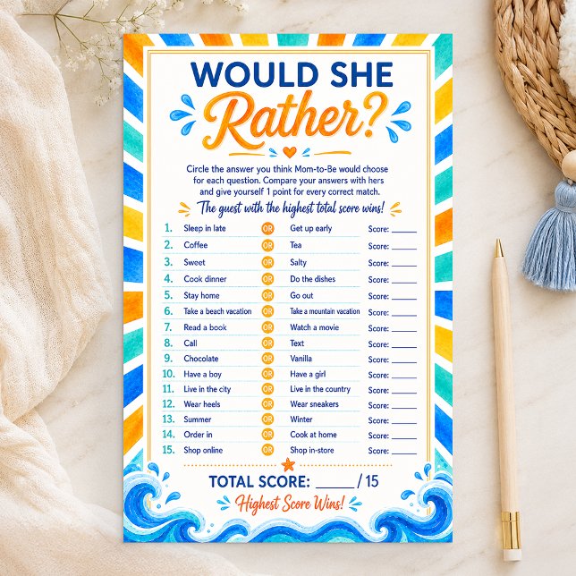 Würde sie lieber? Here Comes the Son Shower-Spiel (Sunshine Baby Shower Game Card)