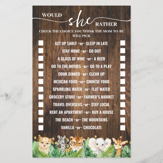 Würde sie lieber Safari Baby Duschkarte Flyer (Vorne)