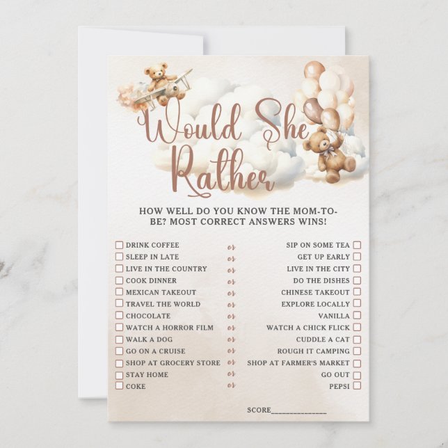 WÜRDE SIE RATHER Baby Shower Game Niedlich Bear in Einladung (Vorderseite)