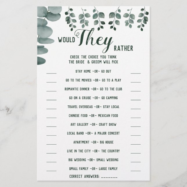 Würden sie eher Eukalyptus-Duschspielkarte Flyer (Vorne)