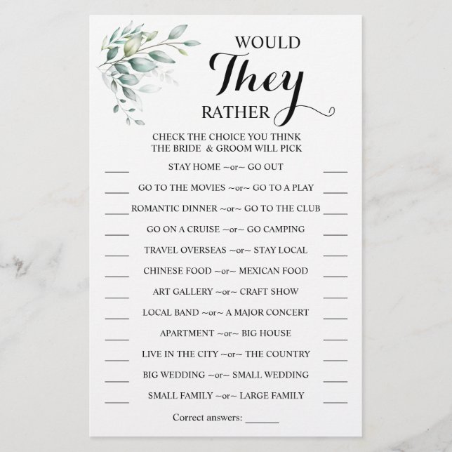 Würden sie eher Eukalyptus-Duschspielkarte Flyer (Vorne)