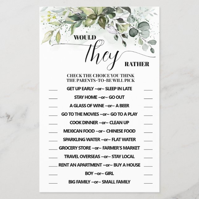 Würden sie eher Greenerenery Baby Shower Game Card Flyer (Vorne)