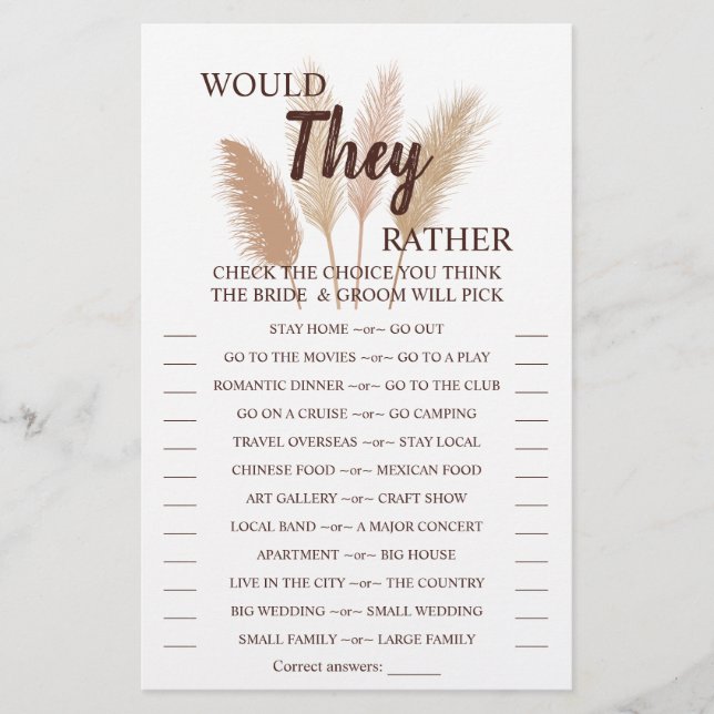 Würden sie lieber Pampas Grass Shower Game Card Flyer (Vorne)