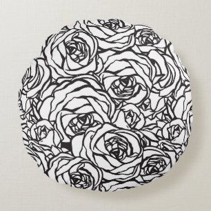 Wurfkissen Schwarz & Weiß Floral Rundes Kissen