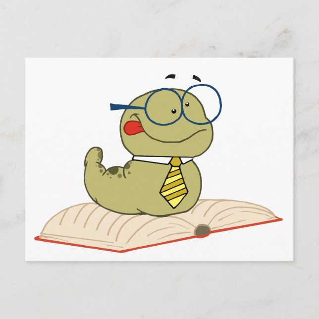 Wurm auf einem Buch mit Brille Postkarte (Vorderseite)