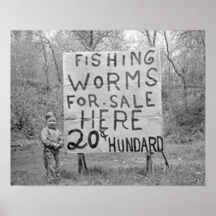 Würmer zu verkaufen, 1935. Altes Foto Poster