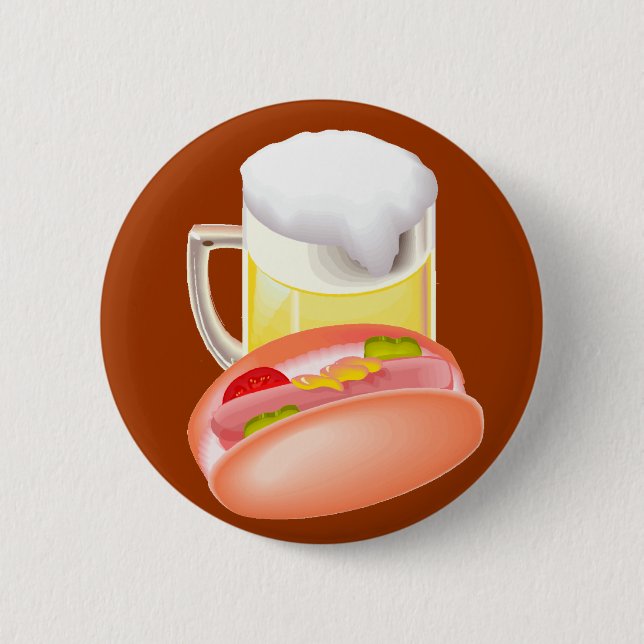 Würstchen auf einem Brötchen und einem Bier mit Button (Vorderseite)