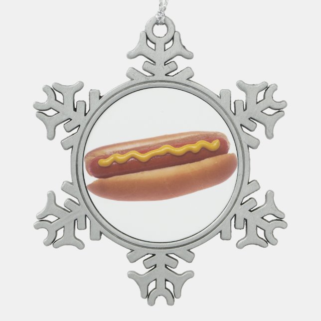 Würstchen mit Senf Schneeflocken Zinn-Ornament (Vorderseite)