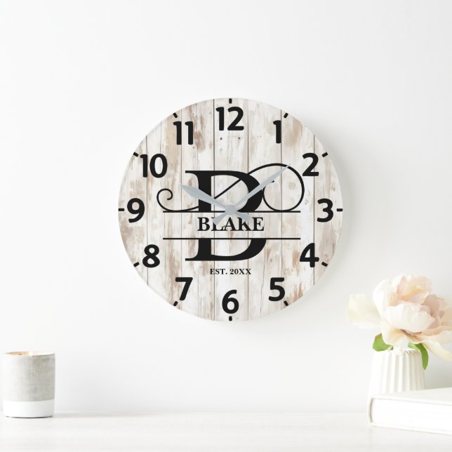 Wurzelholz-Hintergrund B Monogramm Große Wanduhr (Zuhause)