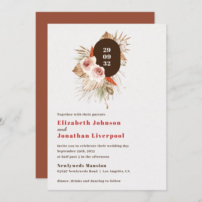 Wüste boho florale Erdtöne Terrakotta Hochzeit Einladung (Vorne/Hinten)