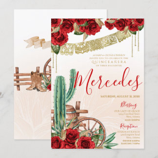 Wüste Cactus Rote Rose Western Charro Quinceanera Einladung