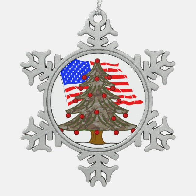 Wüste Camouflage Weihnachtsbaum mit amerikanischer Schneeflocken Zinn-Ornament (Vorderseite)