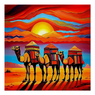 Wüste Kamelkarawane bei Sonnenuntergang 1 Poster