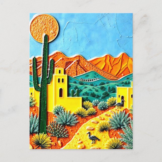 Wüste Landschaft Kunst mit Kaktus Postkarte (Vorderseite)