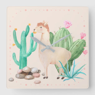 Wüste LIama Cactus Blume Quadratische Wanduhr