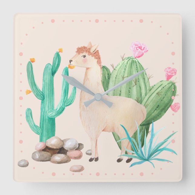 Wüste LIama Cactus Blume Quadratische Wanduhr (Vorderseite)