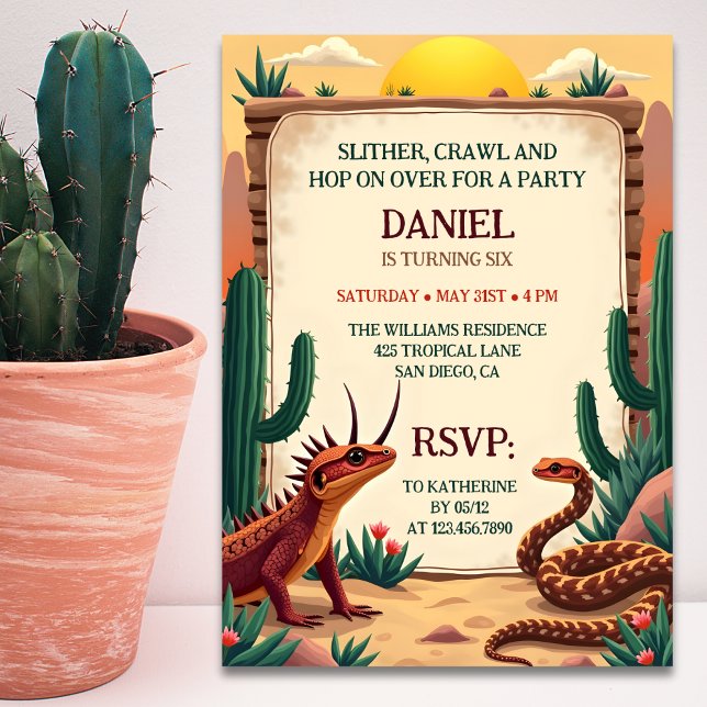 Wüste Reptile Themed Kindergeburtstag Party Einladung (Desert Reptile Themed Kids Birthday Party Invitation)