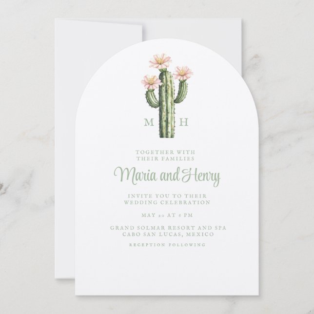 Wüste Rose Cactus Monogram Wedding Einladung (Vorderseite)