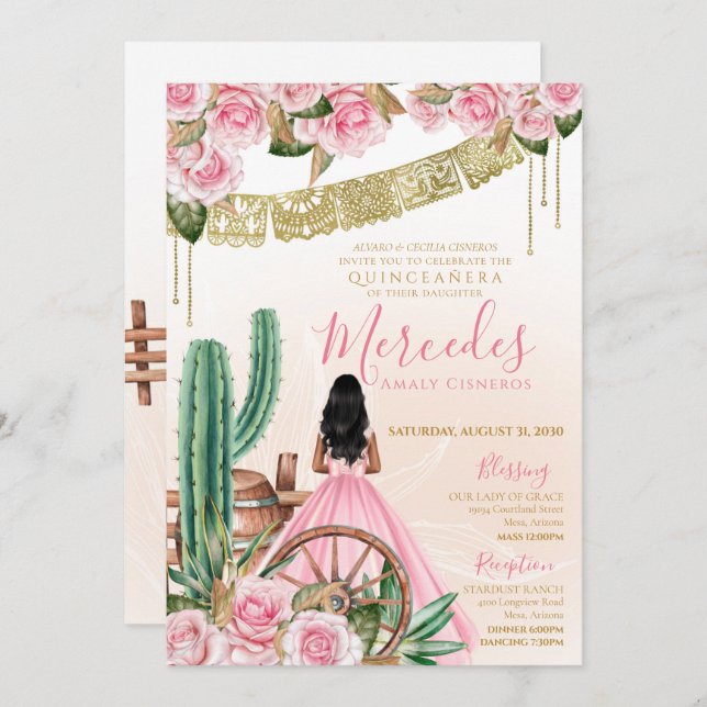 Wüste Rose Pink Charro Quinceanera Western Cactus Einladung (Vorne/Hinten)