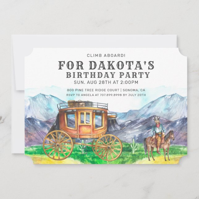 Wüste Stagecoach Cowboy Geburtstagsparty Einladung (Vorderseite)