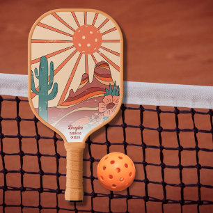 Wüste Sunset Cactus Mesa Gebirge Custom Text Pickleball Schläger