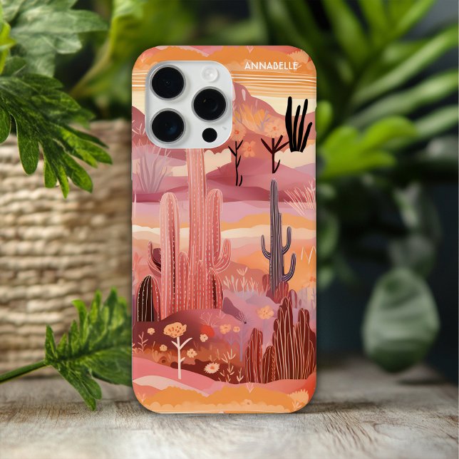 Wüste Sunset Modern Cactus Personalisiert Name Case-Mate iPhone Hülle (Von Creator hochgeladen)
