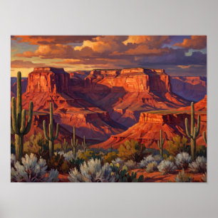 Wüsten-Canyon- und Saguaro-Ölgemälde Poster