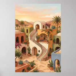 Wüsten-Dorf-Sonnenuntergang-Kunst - Boho-farbige H Poster
