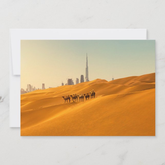 Wüsten | Dubais Skyline-Ansicht mit Kameln Dankeskarte (Vorderseite)