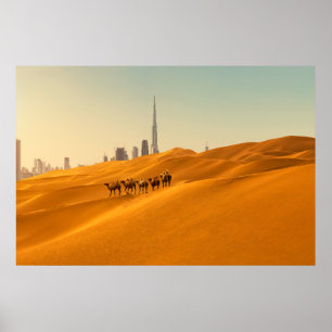 Wüsten   Dubais Skyline-Ansicht mit Kameln Poster