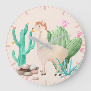 Wüsten-LIama-Kaktus-Blumen-Steine Große Wanduhr