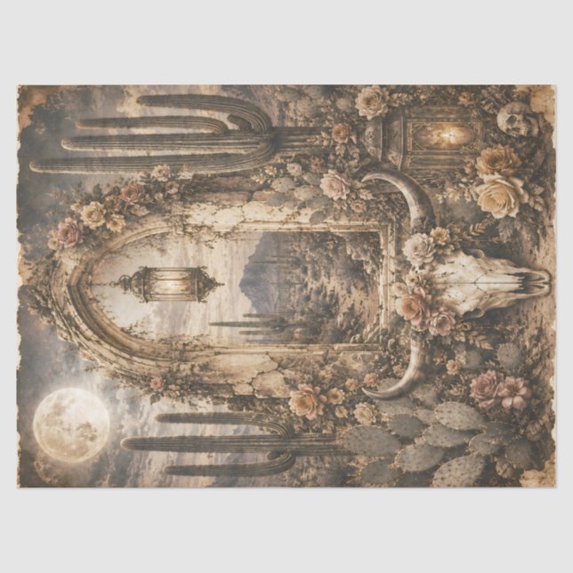 Wüsten-Schädel-Torbogen-Decoupage-Papier Boho West Seidenpapier (Vorderseite)